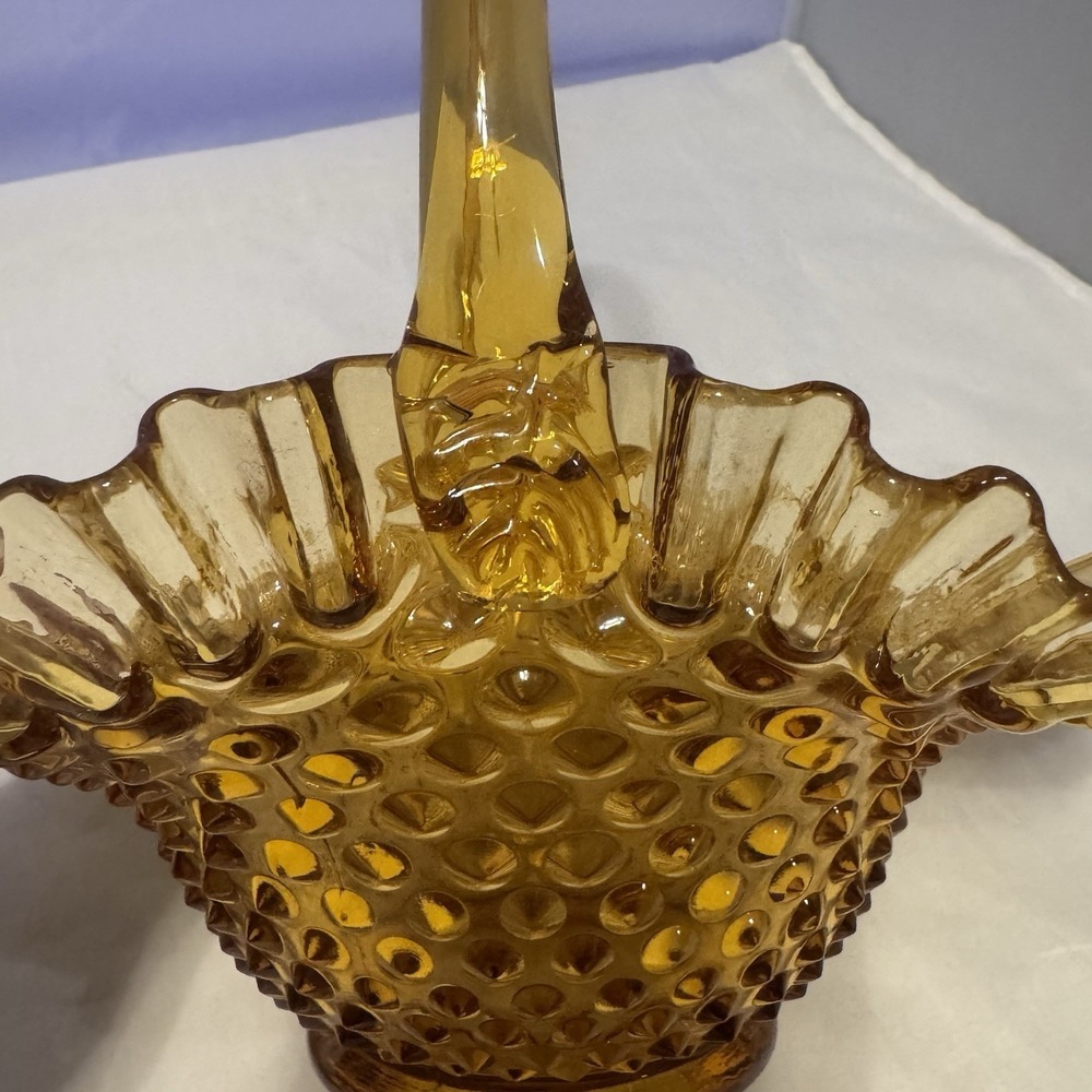 Vtg FENTON AMBER GLASS HOBNAIL RUFFLED EDGE BASKET CANDY DISH 9.5" Tall - Picture 11 of 13